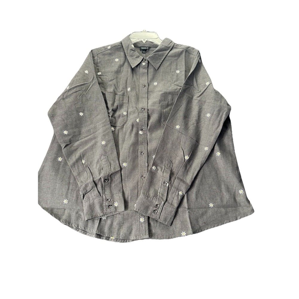 NEW Torrid Plus 1X Button Front‎ Top Shacket Taylor Gray Daisy Print Long Sleeve